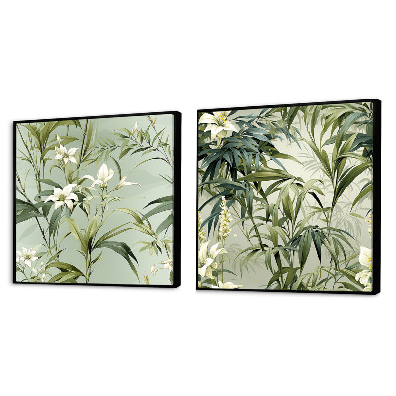 Chyles - Ensemble de 2 collages carrés tropicaux, Cadre flottant noir, H 16 po x l 33 po