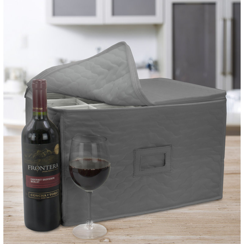 Gray Quilted Fabric Lidded Stemware Storage Box with Dividers
