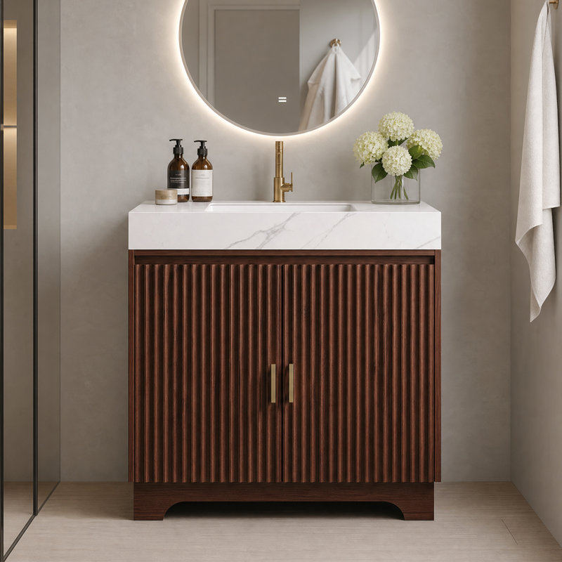 Meuble-lavabo autoportant de 30 po avec plateau en pierre frittée et lavabo en céramique, meuble-lavabo moderne avec portes cannelées verticales et poignées dorées