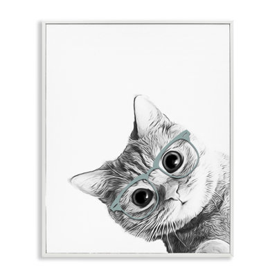 Monochrome Cat Kitten Peeking Glasses Portrait White Framed Giclee Texturized Art by Annalisa Latella