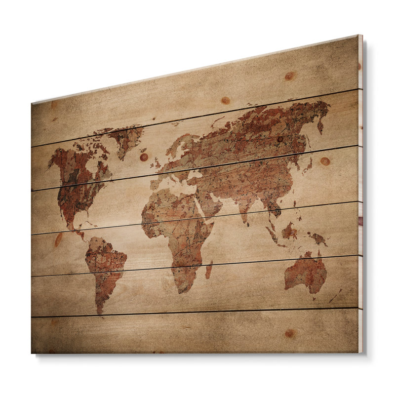 Ancienne carte du monde VII - reproduction rétro sur bois de pin naturel, H 25 po x l 35 po x P 0,78 po