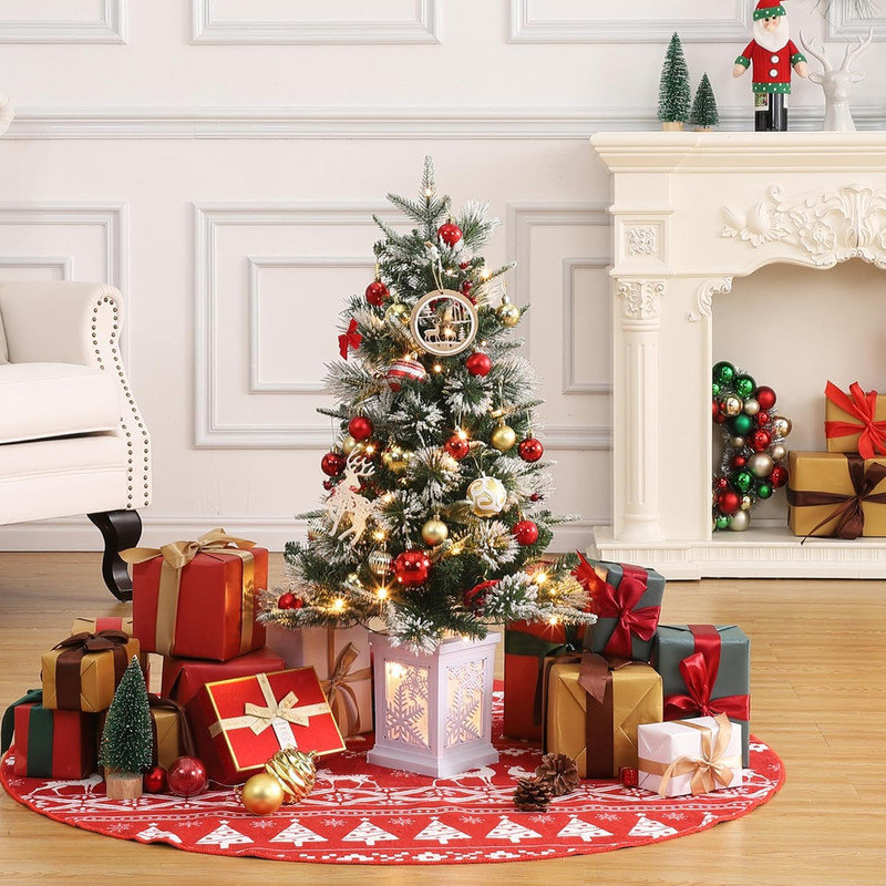 Arbre de Noël enneigé 2 pièces avec lumières à DEL, minuterie à pile et base de flocon de neige pour petits espaces
