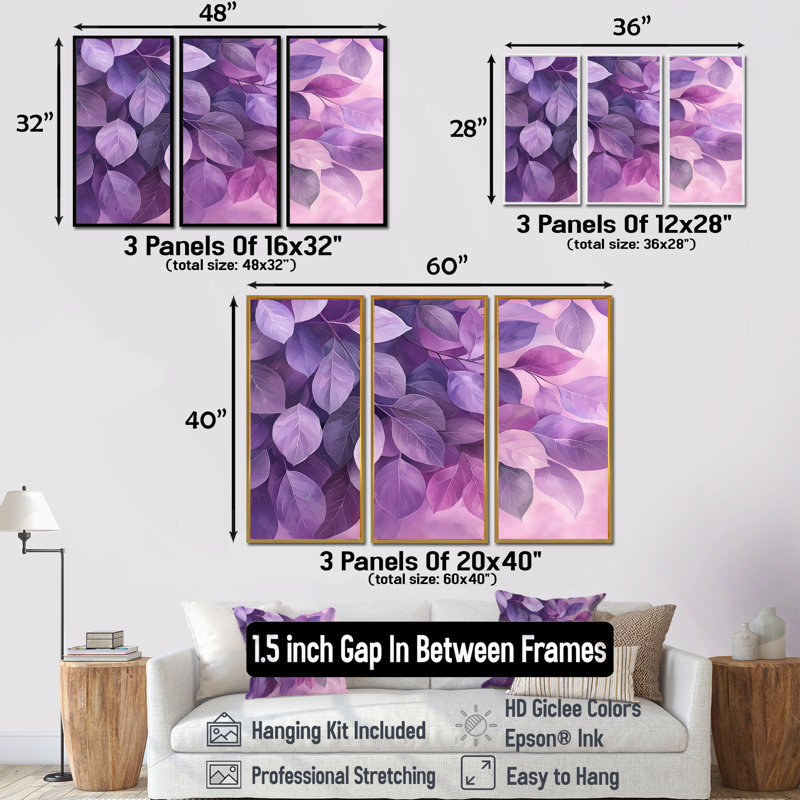 Feuilles de lilas, auvent de la forêt I - Art mural feuilles - ensemble de 3, H 40 po x l 60 po, Blanc
