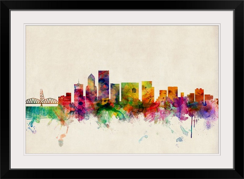 «Portland Oregon Skyline» par Francy, impression, Cadre noir, H 20 po x l 26 po x P 1 po