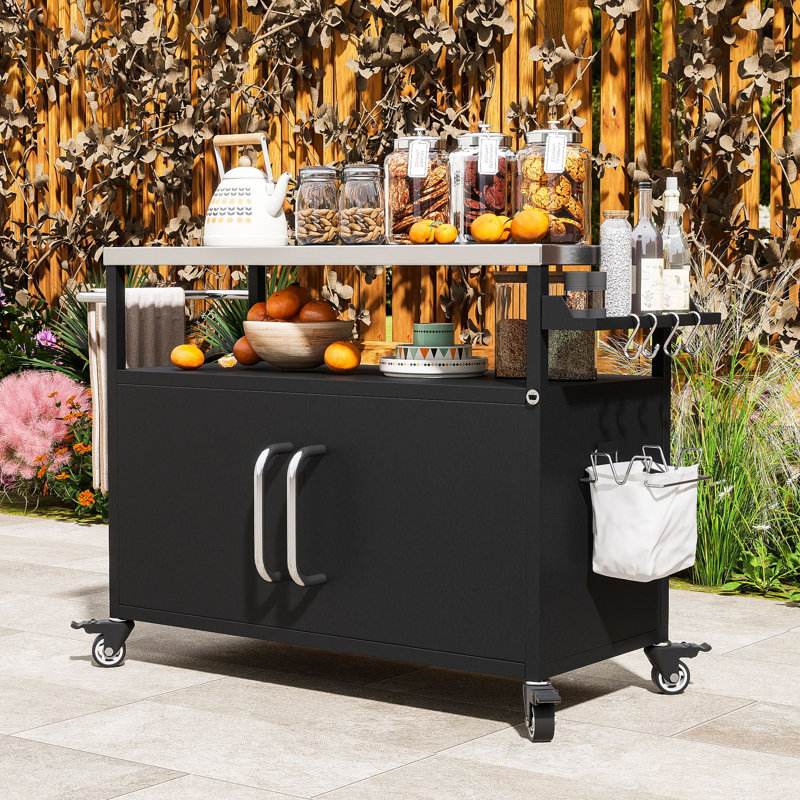 Chariot pour îlot de cuisine extérieur avec armoire de rangement, tablette réglable et support à épices
