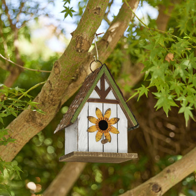 8.25"H Distressed Solid Wood Decorative Outdoor Garden Birdhouse With 3D Metal Roof And Flower