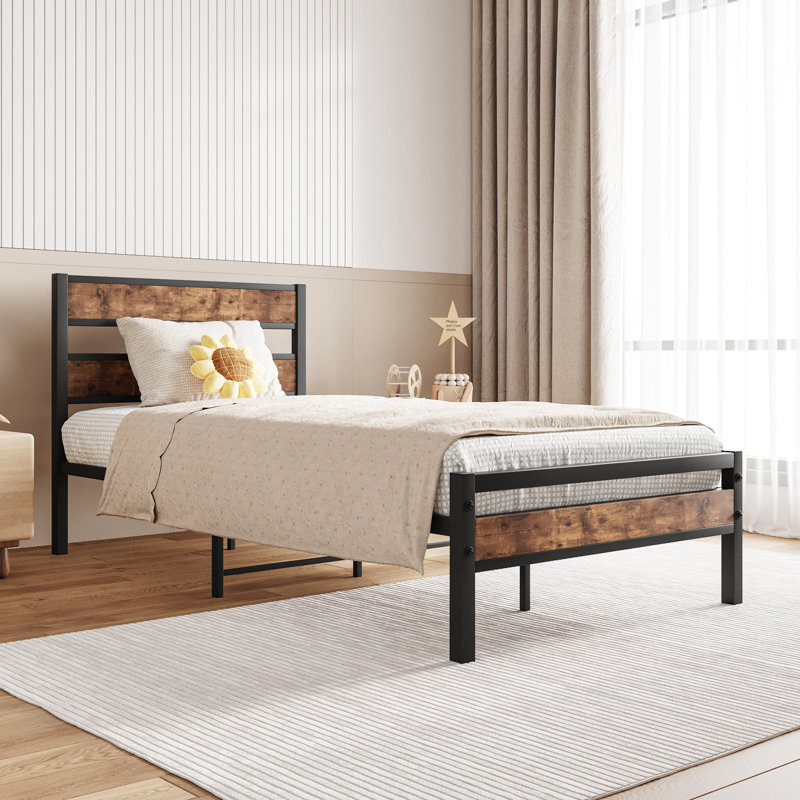 Lit simple avec support à lattes en métal - Tête de lit en bois rétro rustique, sans sommier, assemblage efficace, assemblage facile, repos de nuit confortable