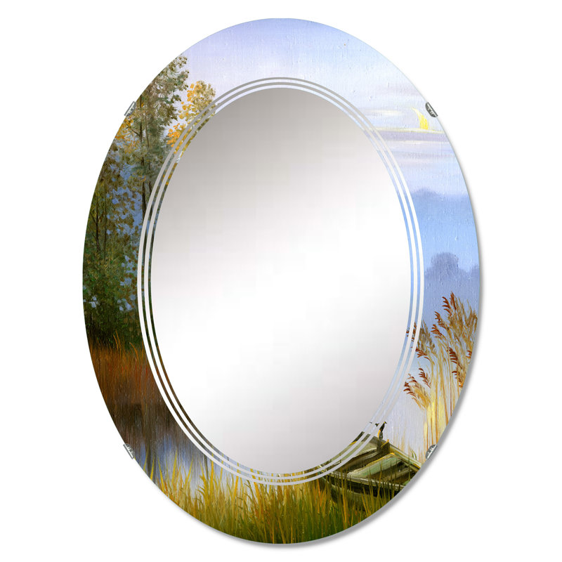 Le bateau sur la berge du lac - Miroir mural ovale, 36 po x 24 po