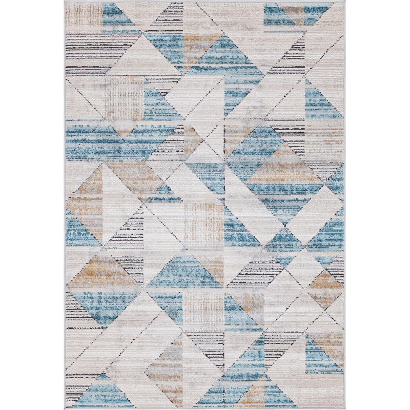  Tapis géométrique beige / bleu, Rectangle 4 pi 1 po x 6 pi 1 po
