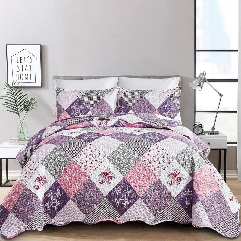 Ensemble de couvre-lit toutes saisons 3 pièces, Courtepointe pour lit grand + deux taies décorati, Mauve
