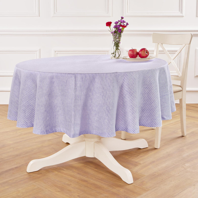 Narrow Stripe - 100% Pure Linen Tablecloth, 60" Round, Lavender/White