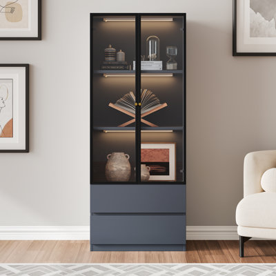 Gray Glass Display Cabinet with Storage for Collectibles, Wood 3-Tier Display Case with Glass Doors and 2 Drawers , Modern Hutch Curio Cabinet for Living Room and Kitchen