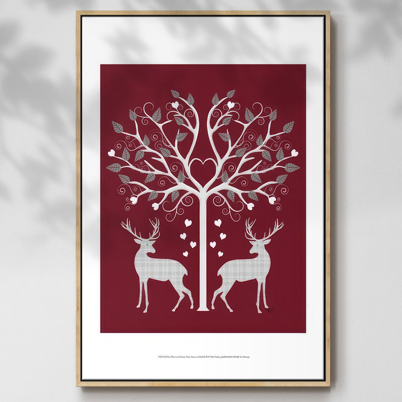 Christmas Des - Deer and Heart Tree, gris sur fond rouge, reproduction sur toile, H 25 po x l 17 po x P 1,5 po, Naturel