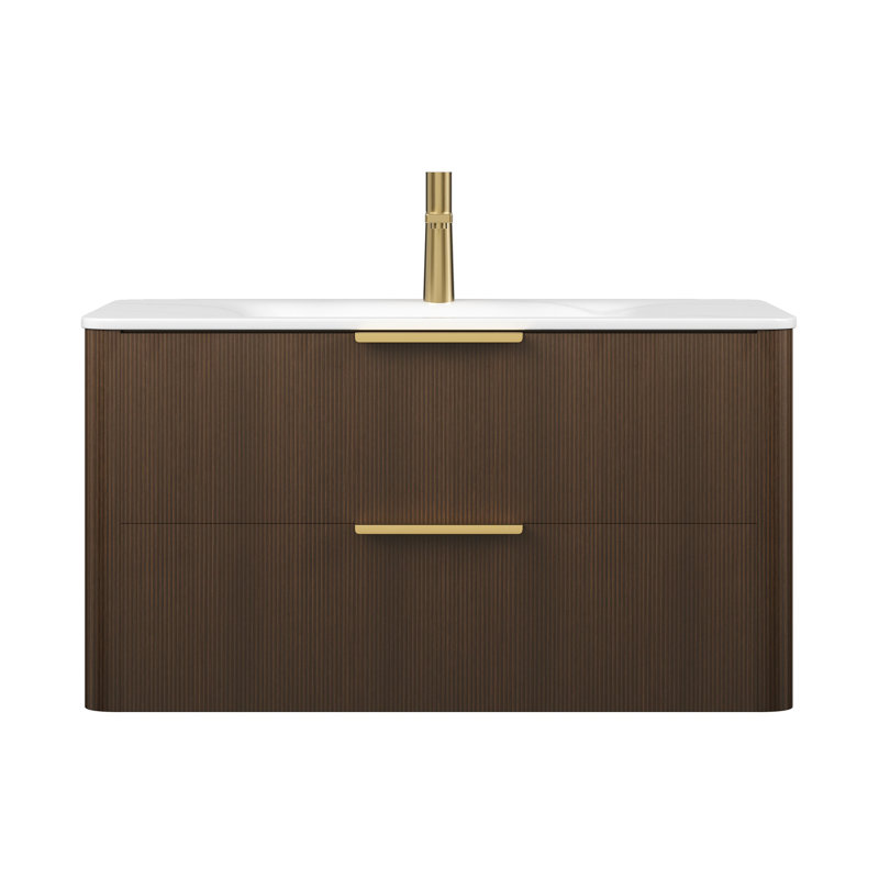 Meuble-lavabo de salle de bain avec lavabo, armoire de rangement flottante avec tiroirs, pré-assemblé, Noyer