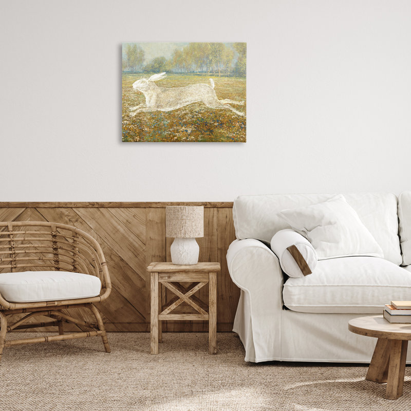 Impressionniste impressionnant sur toile de lièvre sautant par Daphne Polselli, H 24 po x l 30 po