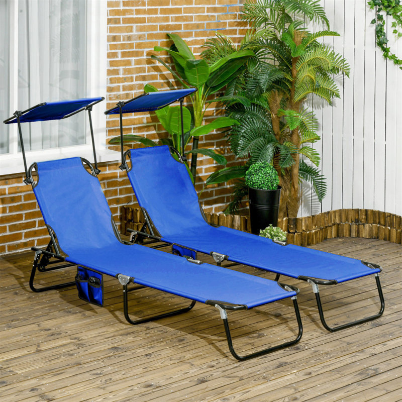 Outsunny Folding Chaise Lounge Pool Chairs, Outdoor Sun Tanning Chairs With Canopy Shade, Reclining Back, Steel Frame And Side Pocket For Beach, Yard, Patio, Blue