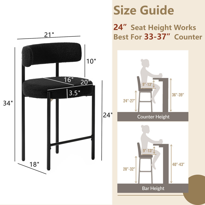 24'' Black Bouclé Upholstered Counter Stools with Metal Frame, Set of 2