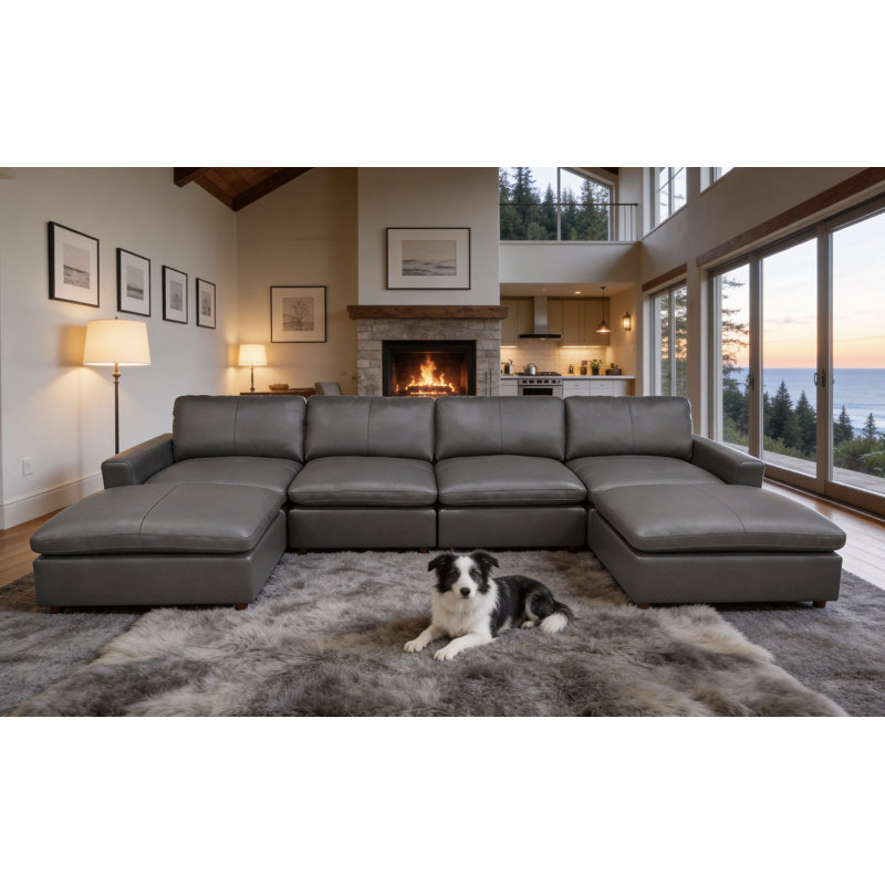 Rycharles Top-Grain Leather Large Seating Modular Sectional, Blue Gray
