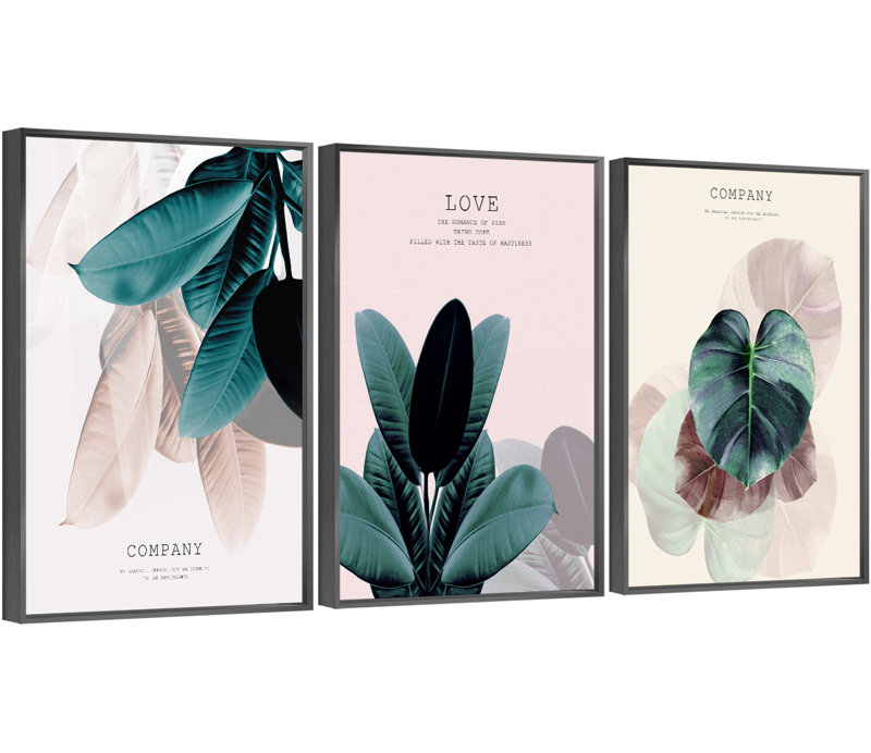 "Plants Aluminium", ensemble de 3 reproductions d'art encadrées sur toile 9, H 24,3 po x l 48,3 po x P 1,65 po, Noir