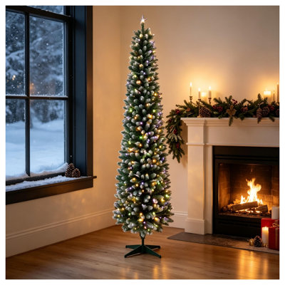 Sapin de Noël pré-illuminé en forme de crayon floqué de 2,13 m (7 pi), DEL bicolores vert et blanc, télécommande avec 11 modes d'éclairage