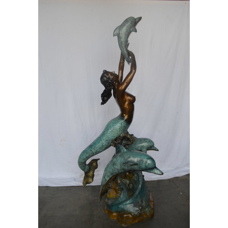 Mermaid and Three Dolphins Fountain Bronze Statue - Size 34" L x 41" W x 83 "H