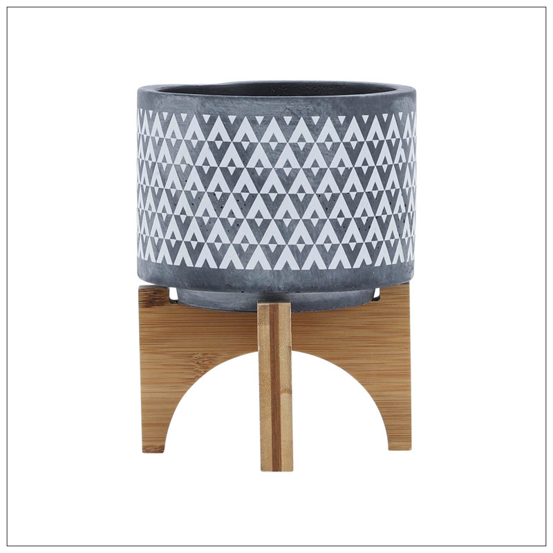 CERAMIC AZTEC PLANTER ON WOODEN STAND, GRAY, 6" H x 5" W x 5" D