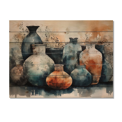 «Goodwater Blue and Orange Artisanal Boho Pottery II», reproduction sur bois
