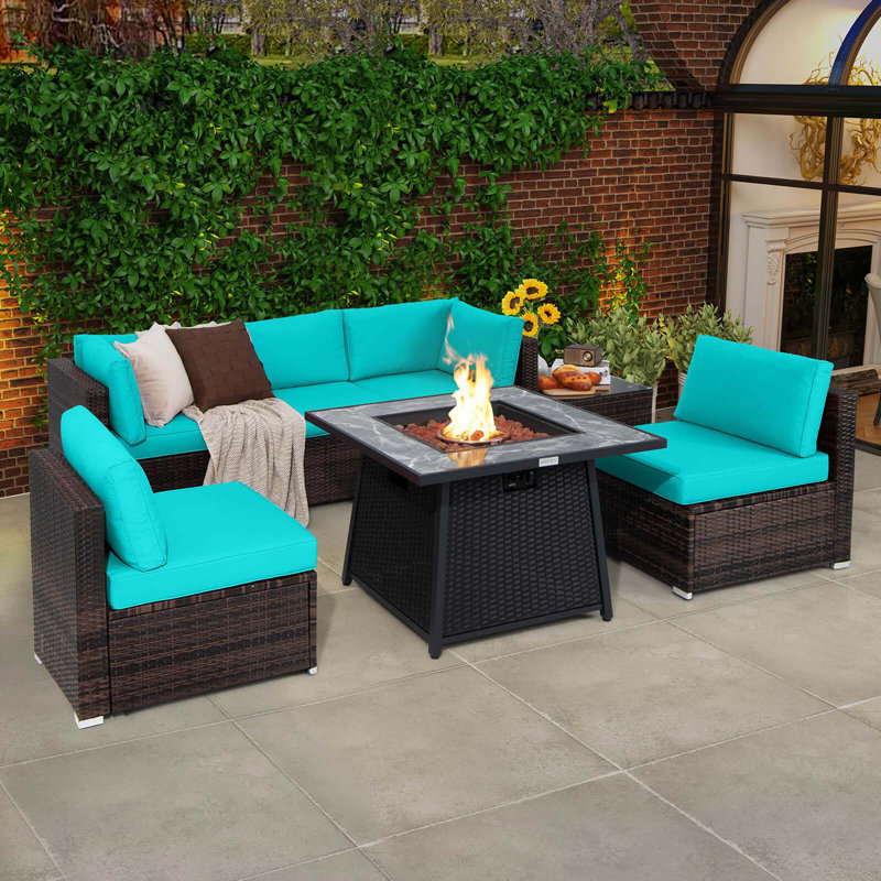 7 Pcs Patio Furniture Set With 35" Propane Gas Fire Pit Table & Waterproof Cover Brown, Blue