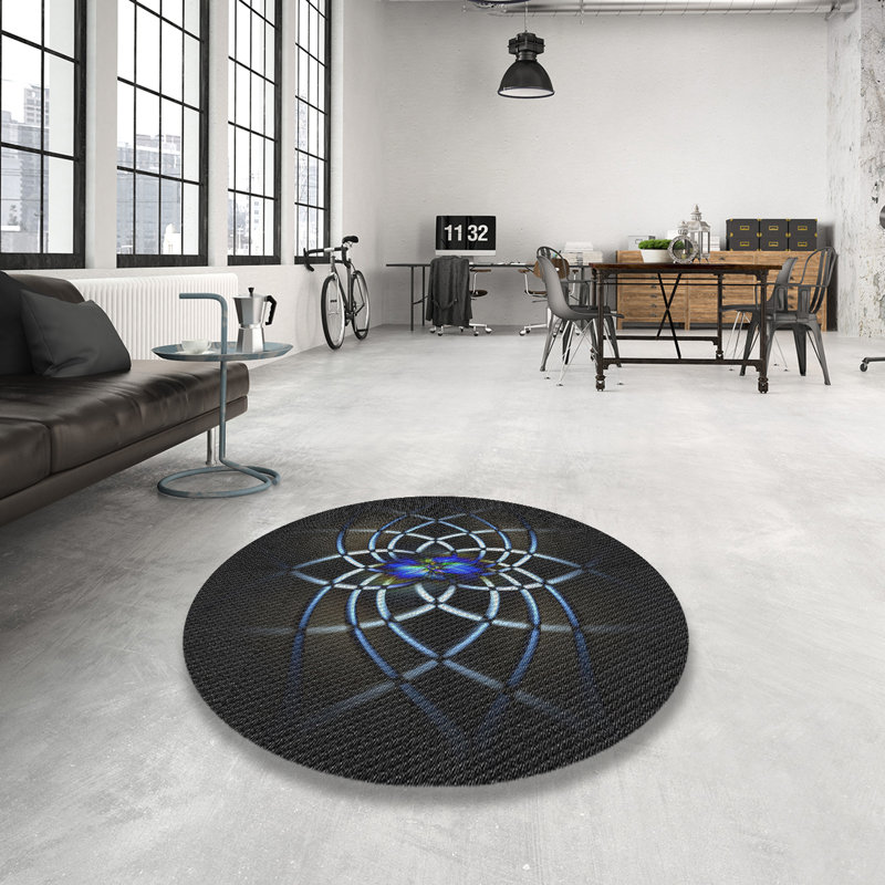 Tapis noir/bleu tissé à la machine, Rond 3 pi