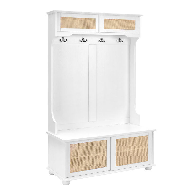 Versatile Hall Tree Shoe Rack With Rattan Door For Entryway Organization, White