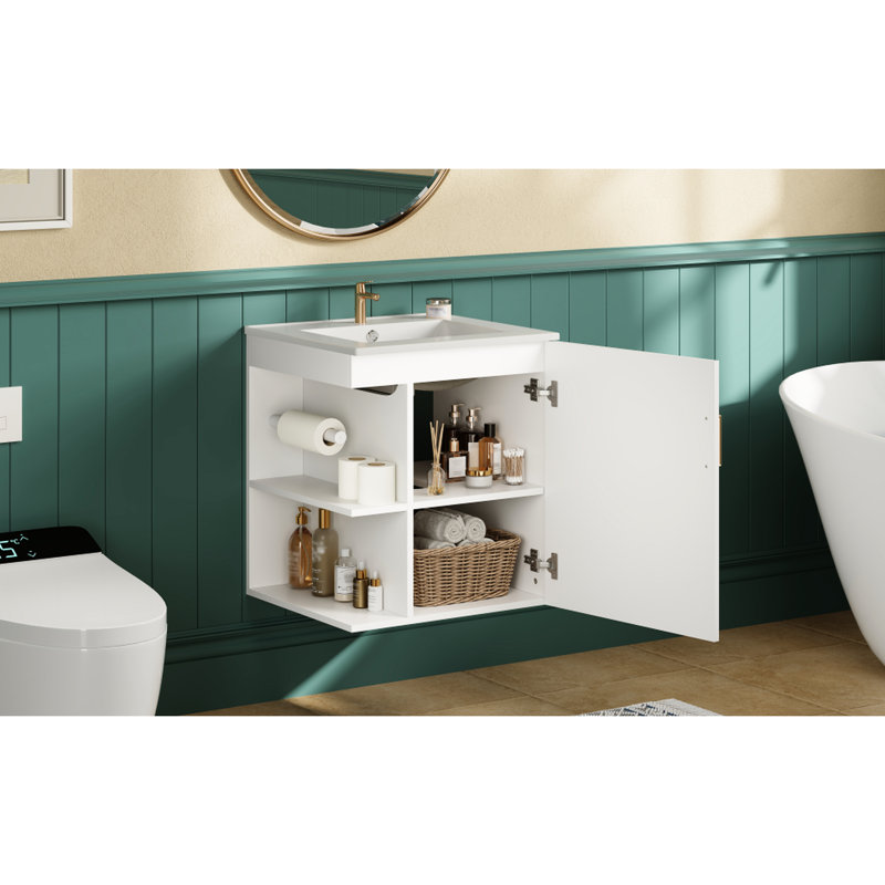Armoire de salle de bain murale 20 po, meuble-lavabo moderne blanc, lavabo, tablette latérale ouverte, porte-papier hygiénique, solution pour économiser de l'espace 30, rangement spacieux rectangulaire en céramique, conception flottante, fermé