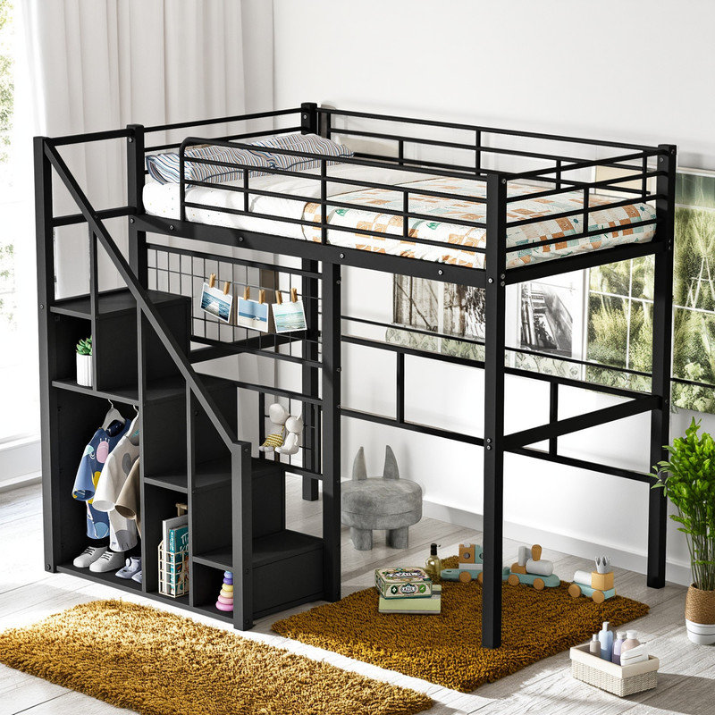Twin Size Metal Loft Bed with Storage Staircase and Integrated Wardrobe, Space-Saving Design, Black
