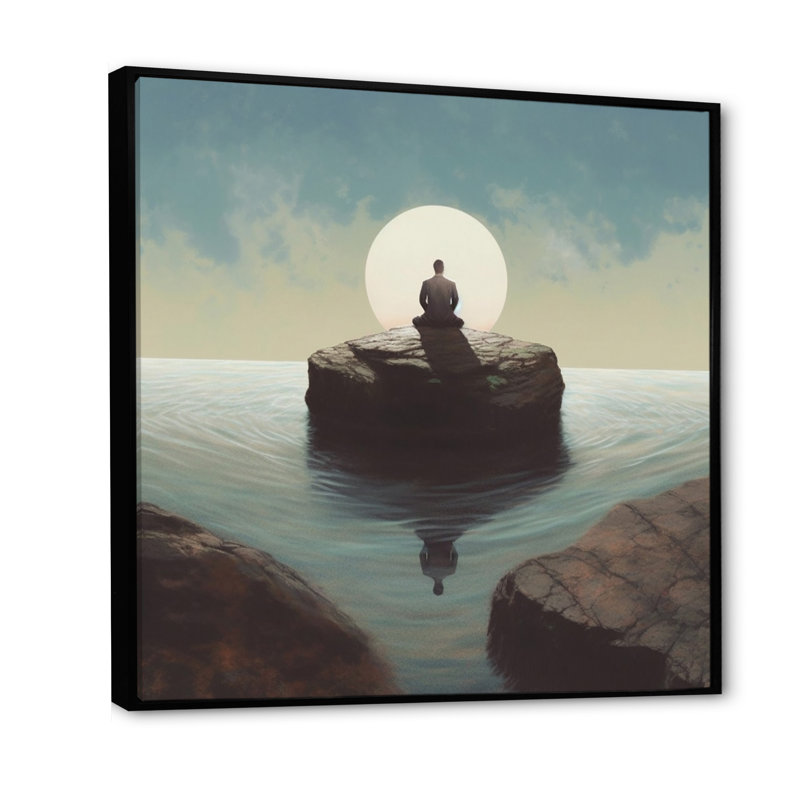 "Mindfulness Grace Woman Sunset Meditation I", reproduction sur toile, Cadre flottant noir, H 16 po x l 16 po