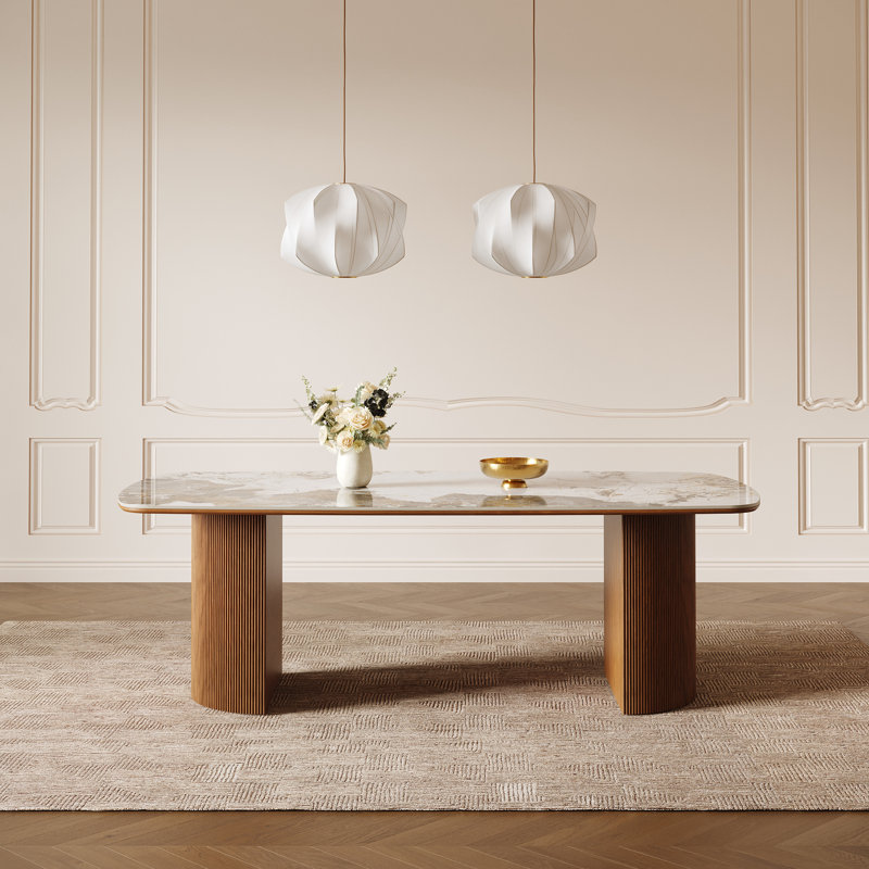  Iris Sintered Stone 78.7'' Solid Wood Pedestal Oval Dining Table Seat 6-8, Glossy Pandora/Brown, Rectangular
