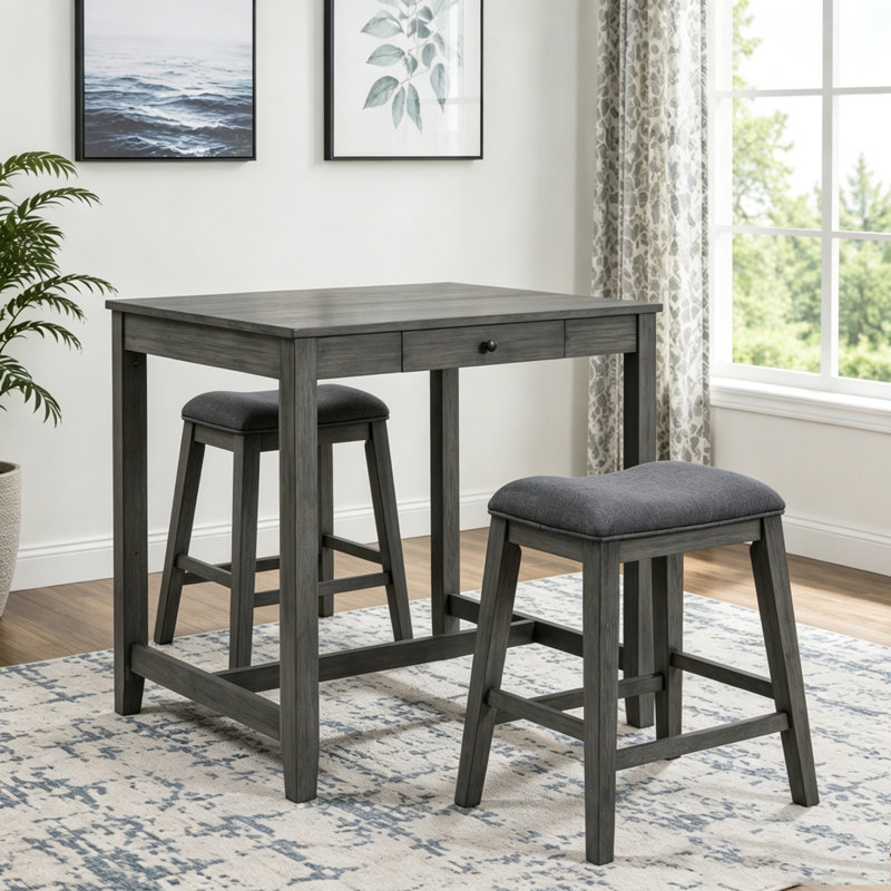 Ensemble de table de bar avec prise électrique, rangement et 2 tabourets