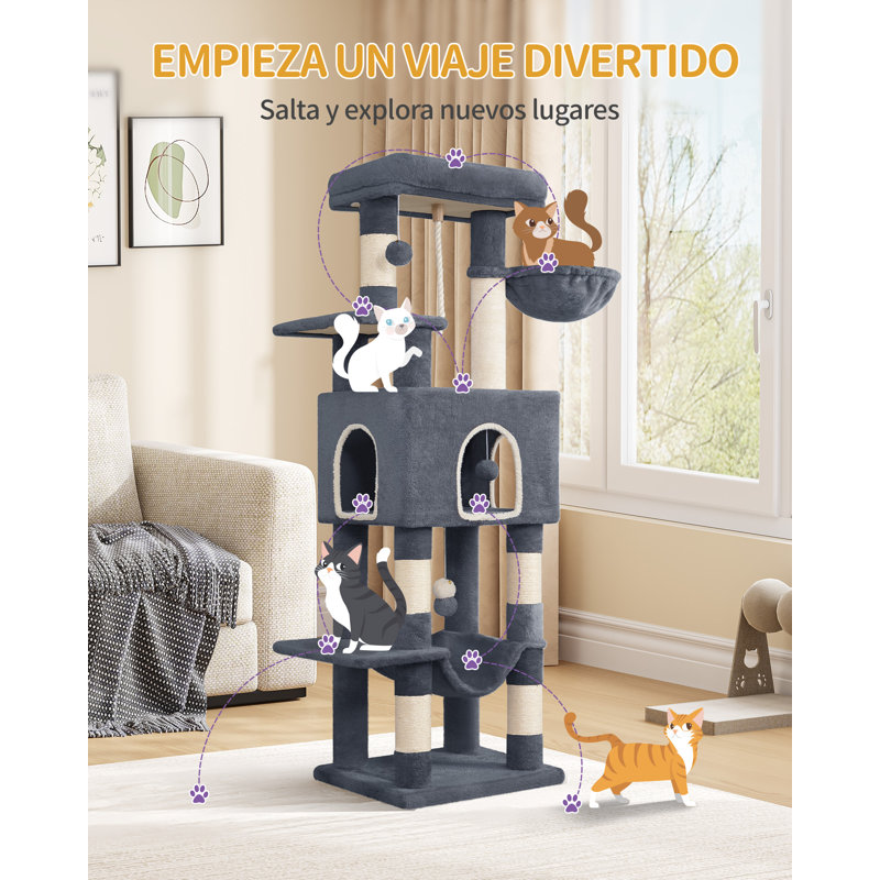 149 cm Cat Tree for Indoor Cats, Cat Tower with Large Hiding Cave, Scratching Post with Large Platforms, Multi-Level Cats Activity Center, Sisal Rope, Hammock 