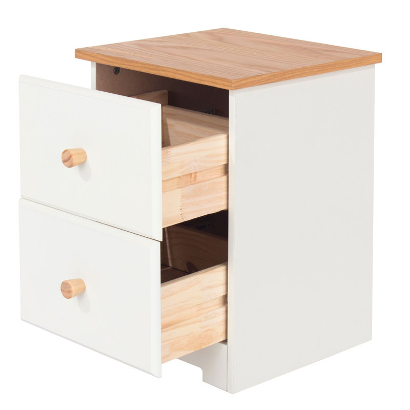 Caeli 2 Drawer Compact Bedside Table, Soft White Painted Finish with Oak Effect Top