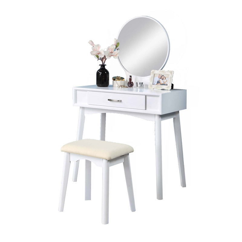 Contemporary Wood Vanity And Stool Set, White