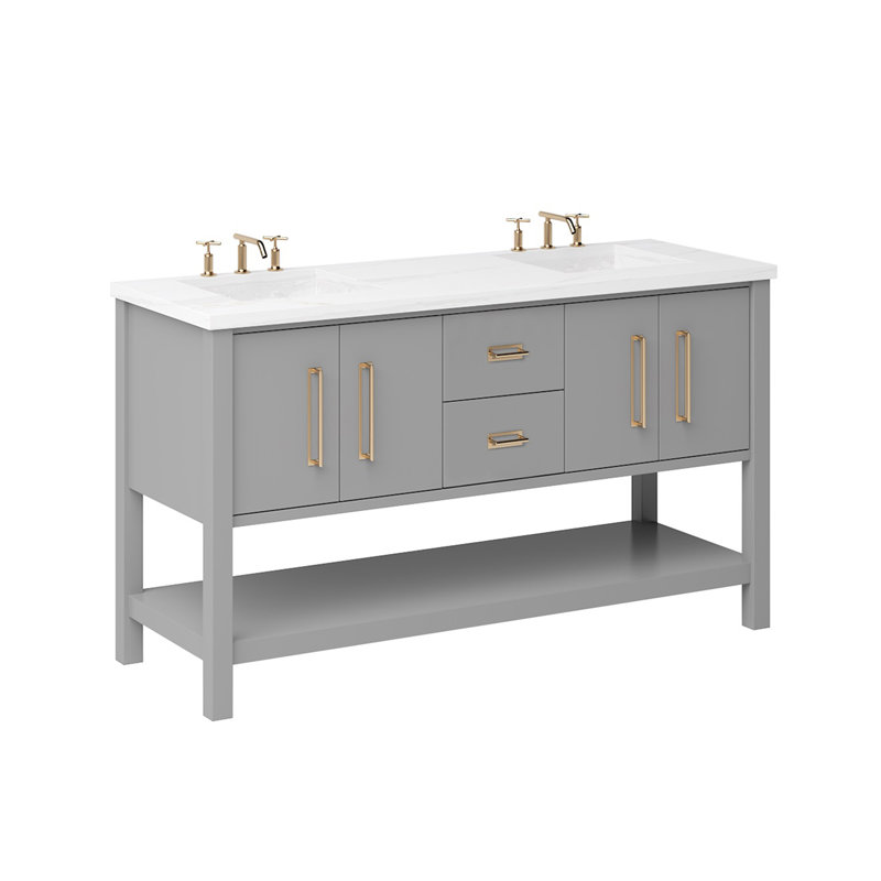 Meuble-lavabo double Kiawah, Gris platine, Or satiné, 72"
