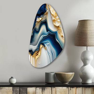 Abstract Geode Gold And Blue Marble II - Abstract Marble Fall Shape Asymmetric Metal Wall Art