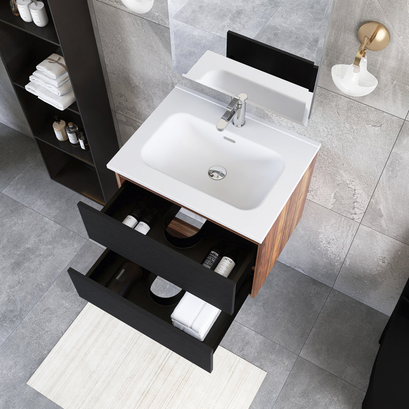 24 po W Meuble-lavabo mural simple avec lavabo en céramique, Brun / Noir