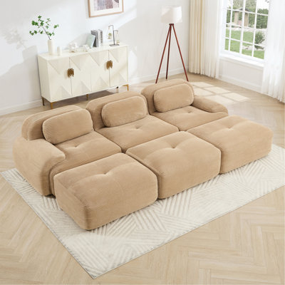 Three-Seat Modular Sofa With 3 Ottomans Corduroy Fabric No Assembly Pet-Friendly Wide Curved Armrests 32D High-Resilience Sponge Living Rooms Media Rooms