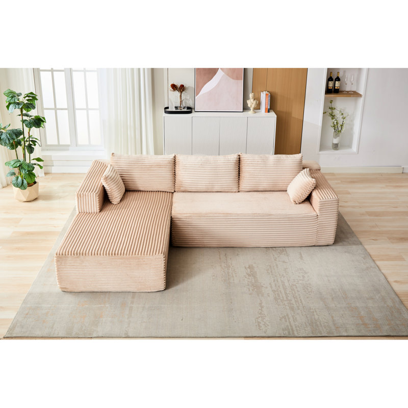 Corduroy modulaire à compression en forme de L beige désossé, méridienne confortable, siège profond et méridienne pour salon