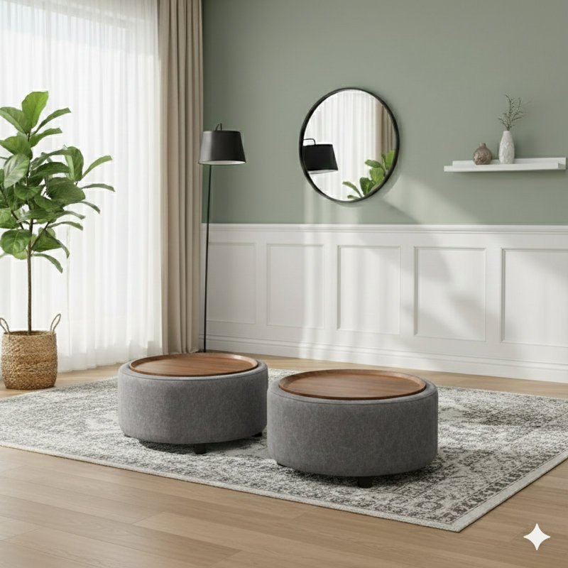 Eniyah Round Cocktail Ottoman With Storage, Dark Gray