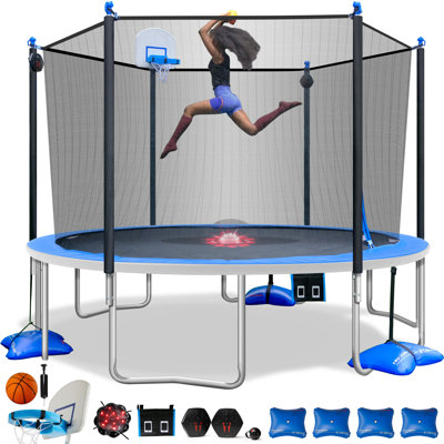 Sportspower TruJump 14 Ft Ultimate Multiplay Heavy Duty Outdoor Trampoline With Dunk Zone Basketball Hoop System, Safety Enclosure Net, Electron Shoot -  STR-14FT-MP