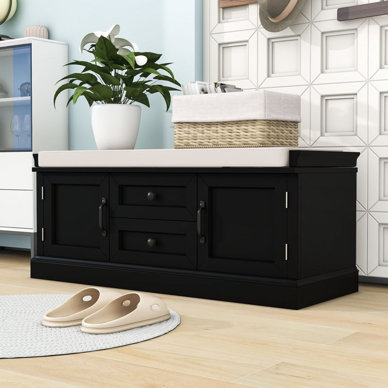 Storage Bench with 2 Drawers, 2 Cabinets and Removable Cushion for Entryway, Black