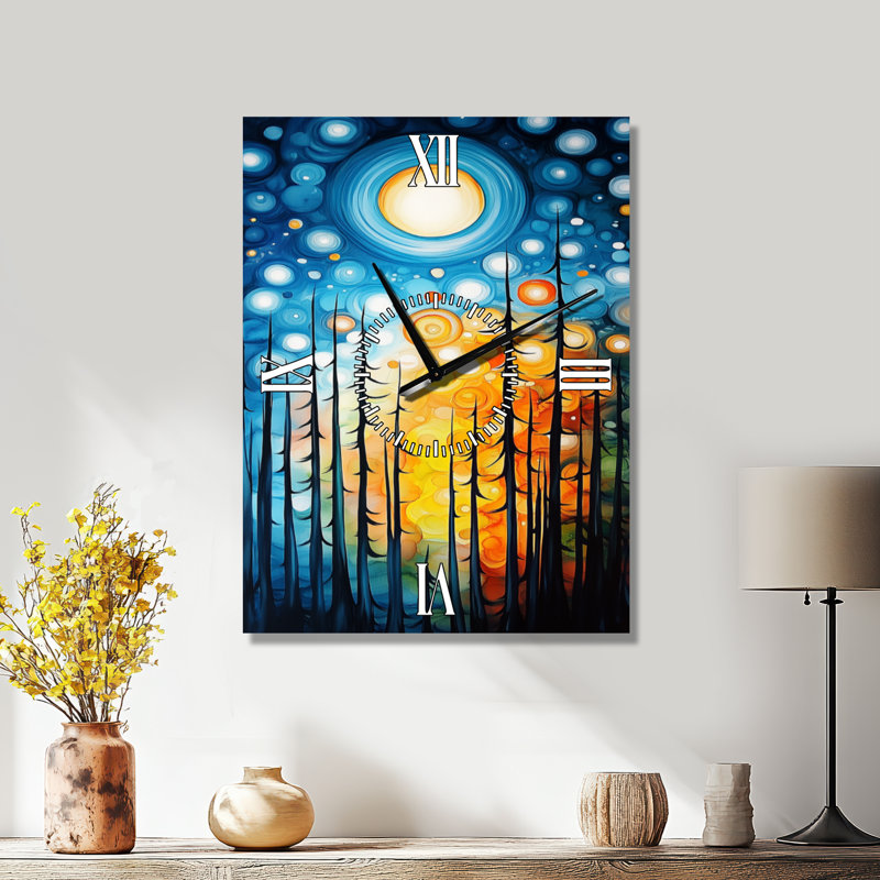 Promenade estivale au clair de lune en forêt I - Grande horloge murale céleste en métal, H 32 po x l 24 po - Rectangle