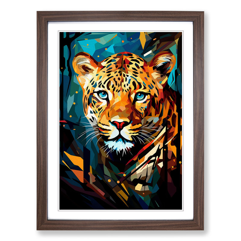 Leopard Cubism - Single Picture Frame Print on Wood, Walnut Framed, 64cm H x 46cm W x 2cm D