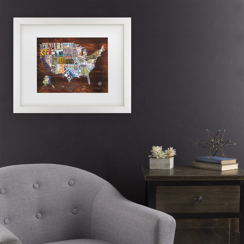 « USA License plaque Map »-impression d’art graphique, H 11 po x l 14 po x P 2 po, Encadrement blanc, Blanc