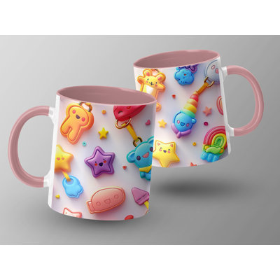 Kids Drawing Style 11oz Accent Mugs – Ceramic Coffee Cup with a Pink Handle and Interior
